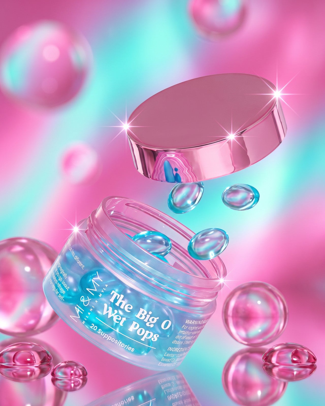 The Big O Wet Pops jar with its lid lifted and blue capsules in the air