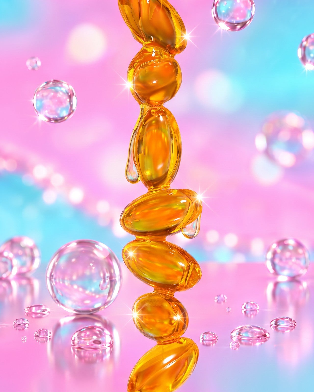 A chain of golden Big O Tightening Pops capsules suspended and dripping