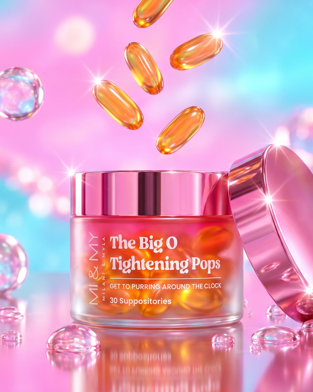 An open jar of The Big O Tightening Pops with golden capsules falling in