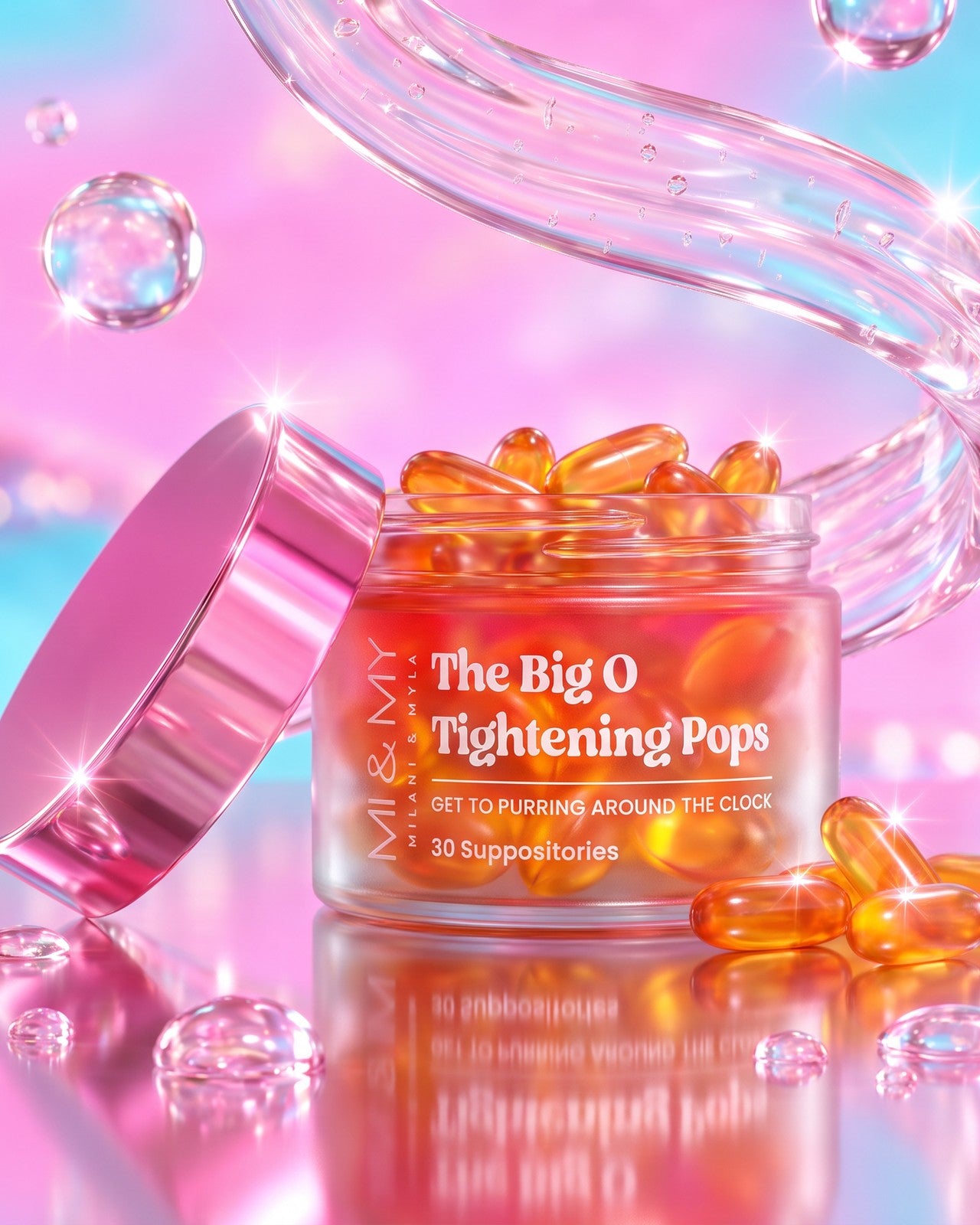 A jar of The Big O Tightening Pops open and filled with golden capsules