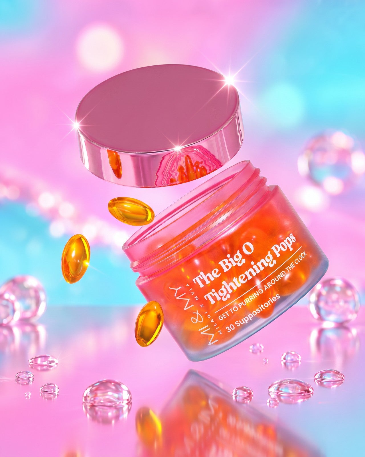 The Big O Tightening Pops jar with its lid lifted and capsules in the air